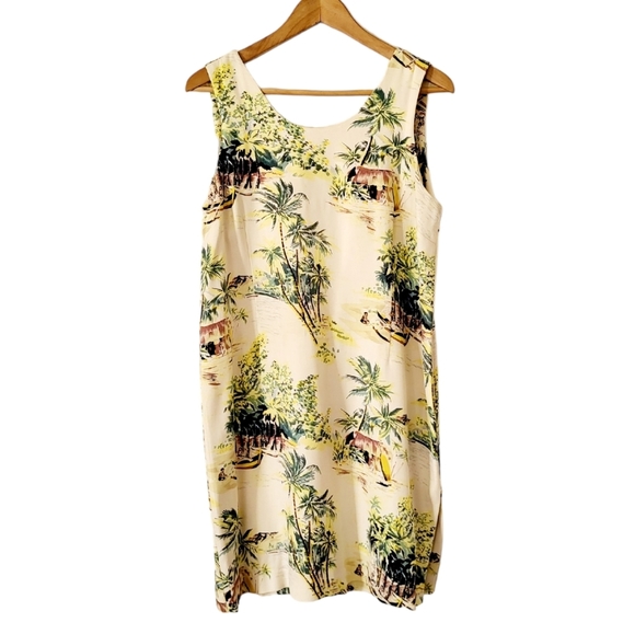 Tiki Classics Dresses & Skirts - Tiki Classics 100% Silk Summer Dress Beige Palm Tree and Canoe Print Size L